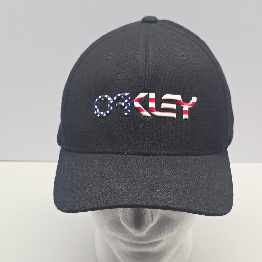 Oakley Mens Black Flexfit Hat American Flag USA Logo Baseball Cap L XL 60
